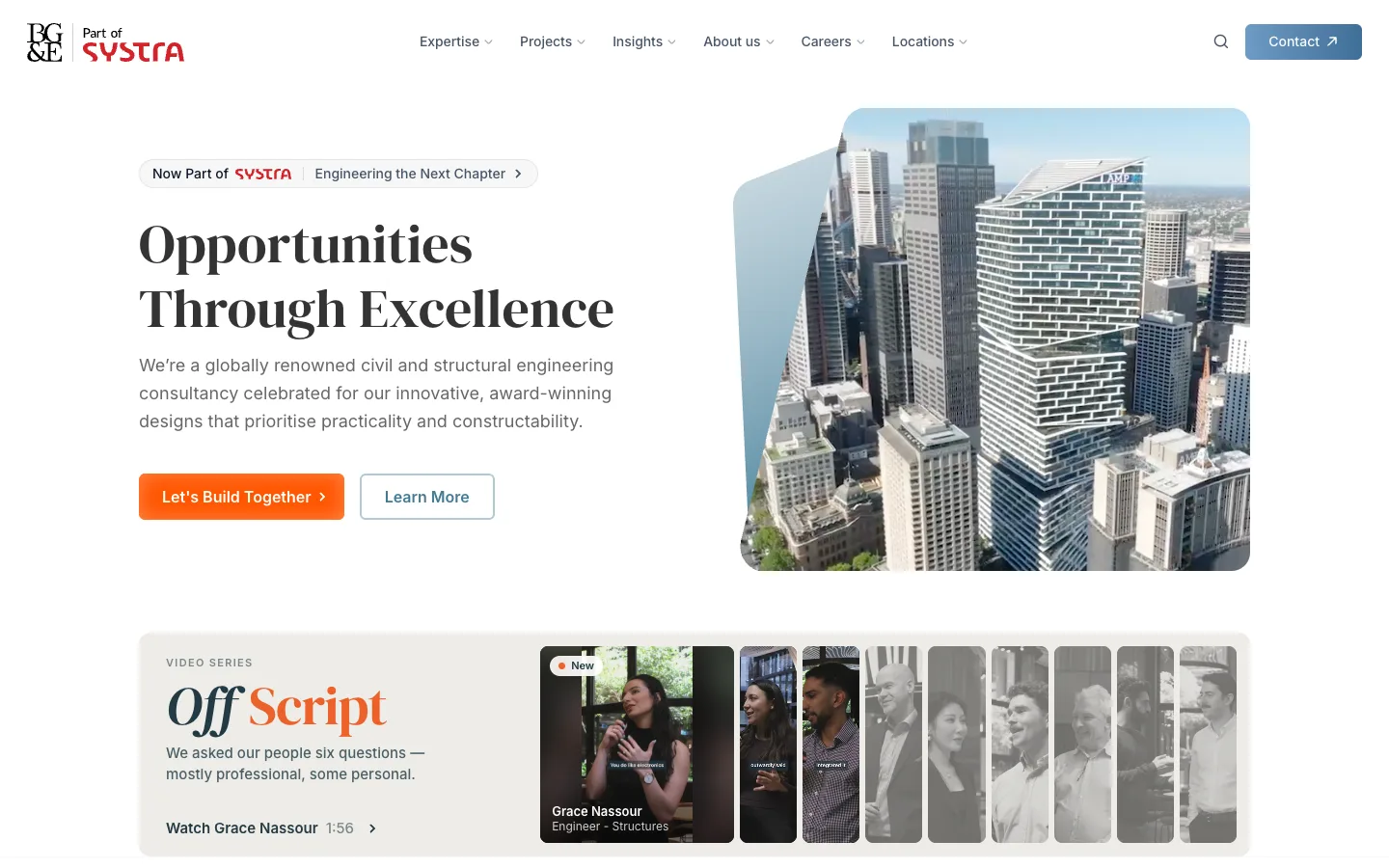 bgeeng.com homepage: Opportunities Through Excellence, with the Off Script series below