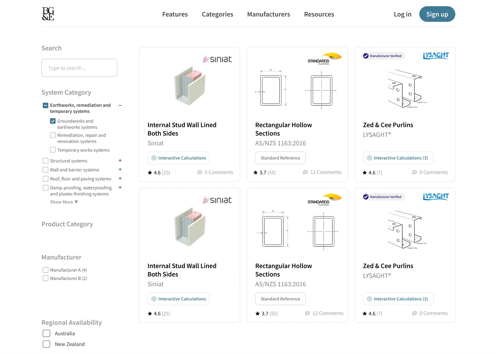 Span Tables browse view: product cards with live calculations